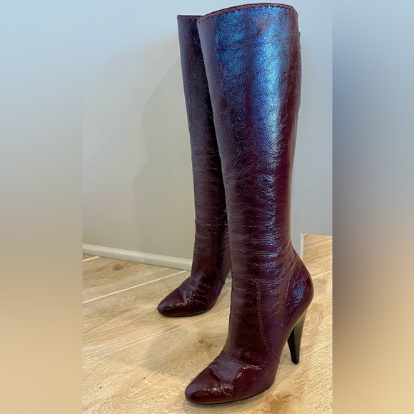 Oscar de la Renta textured patent leather boots, burgundy, 4” heel, 35.5, EUC - Picture 1 of 16